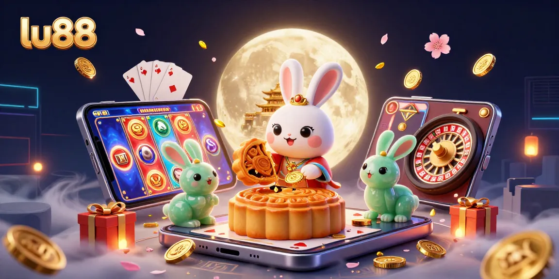 Experience thrilling gambling action with lu88 as moon rabbits unveil hidden poker chips amidst a vibrant casino scene.