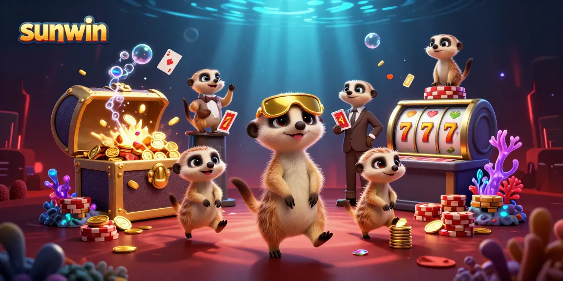 Experience thrilling gaming at sunwin with meerkats in a vibrant casino scene, featuring slot reels and gold treasures.