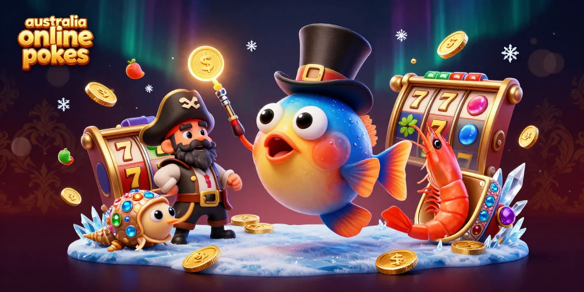Play exciting australia online pokies with a vibrant scene featuring unique characters and dynamic elements.