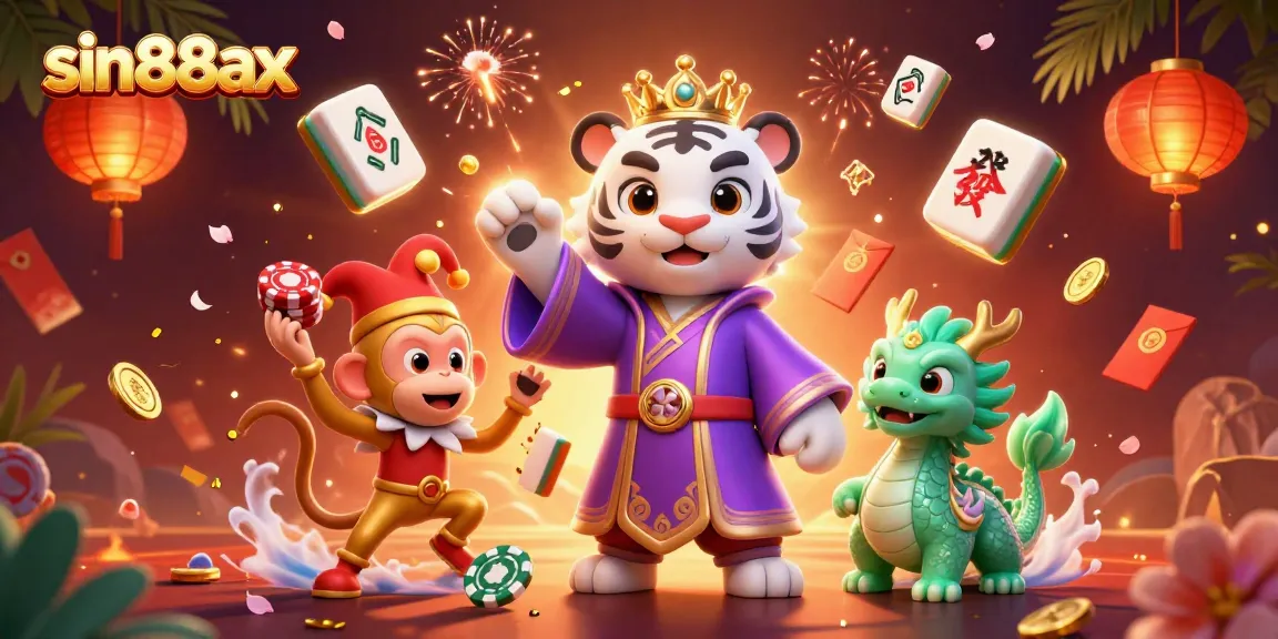 Engage with sin88ax's vibrant casino world, featuring a royal tiger, playful monkey, and dynamic game elements.